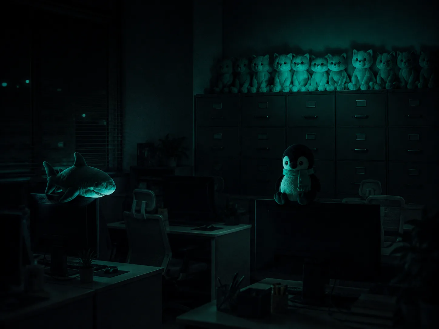 The office at night: plush cats on a filing cabinet, a plush shark and penguin perched on monitors